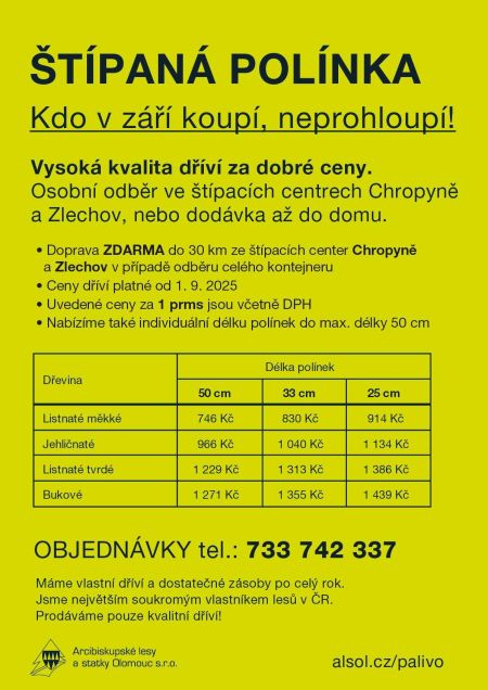 štípaná polínka Chropyně a Zlechov, štípané palivové dříví
