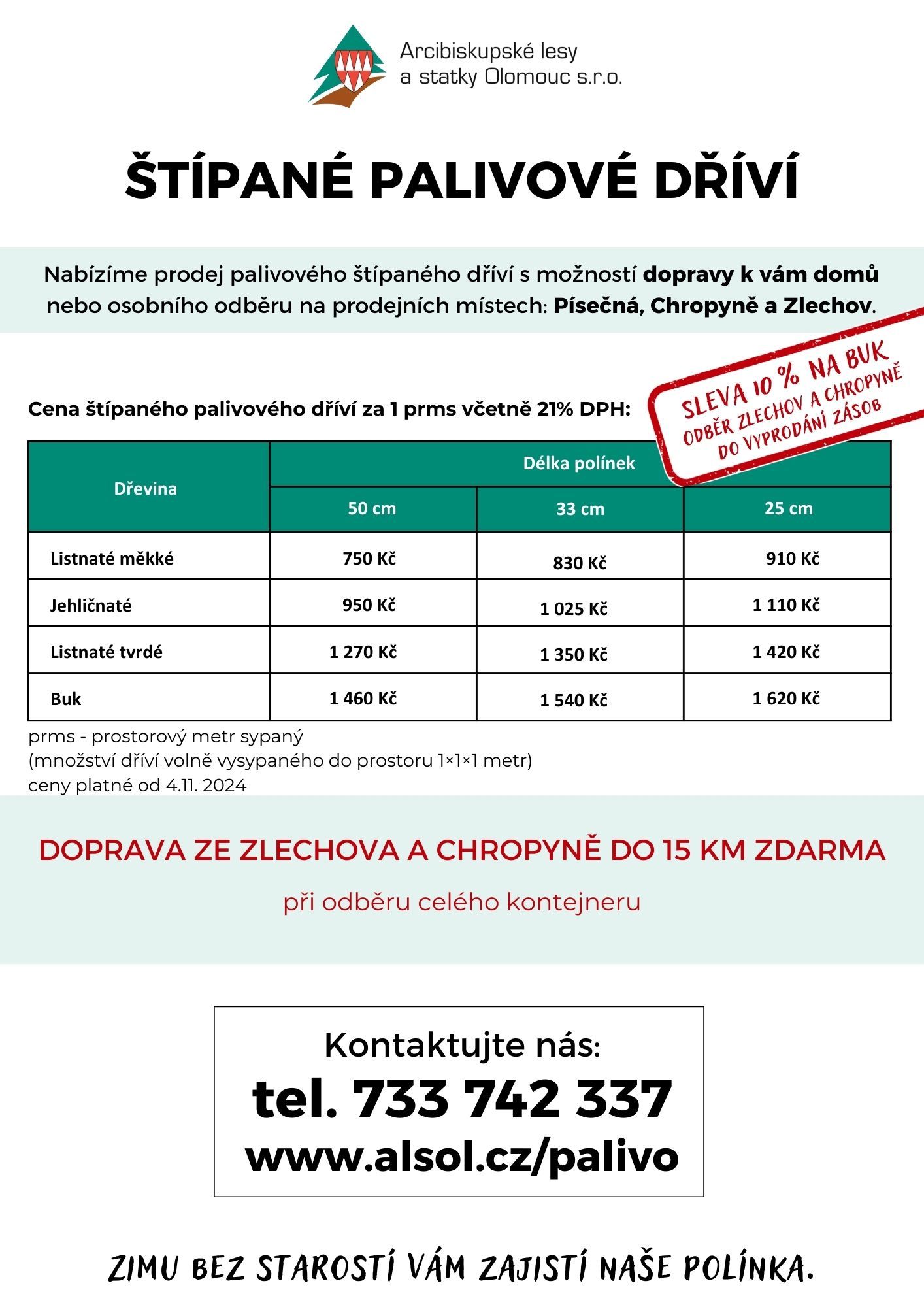 palivo, polínka, štípané palivové dřevo, Arcibiskupské lesy a statky, sleva