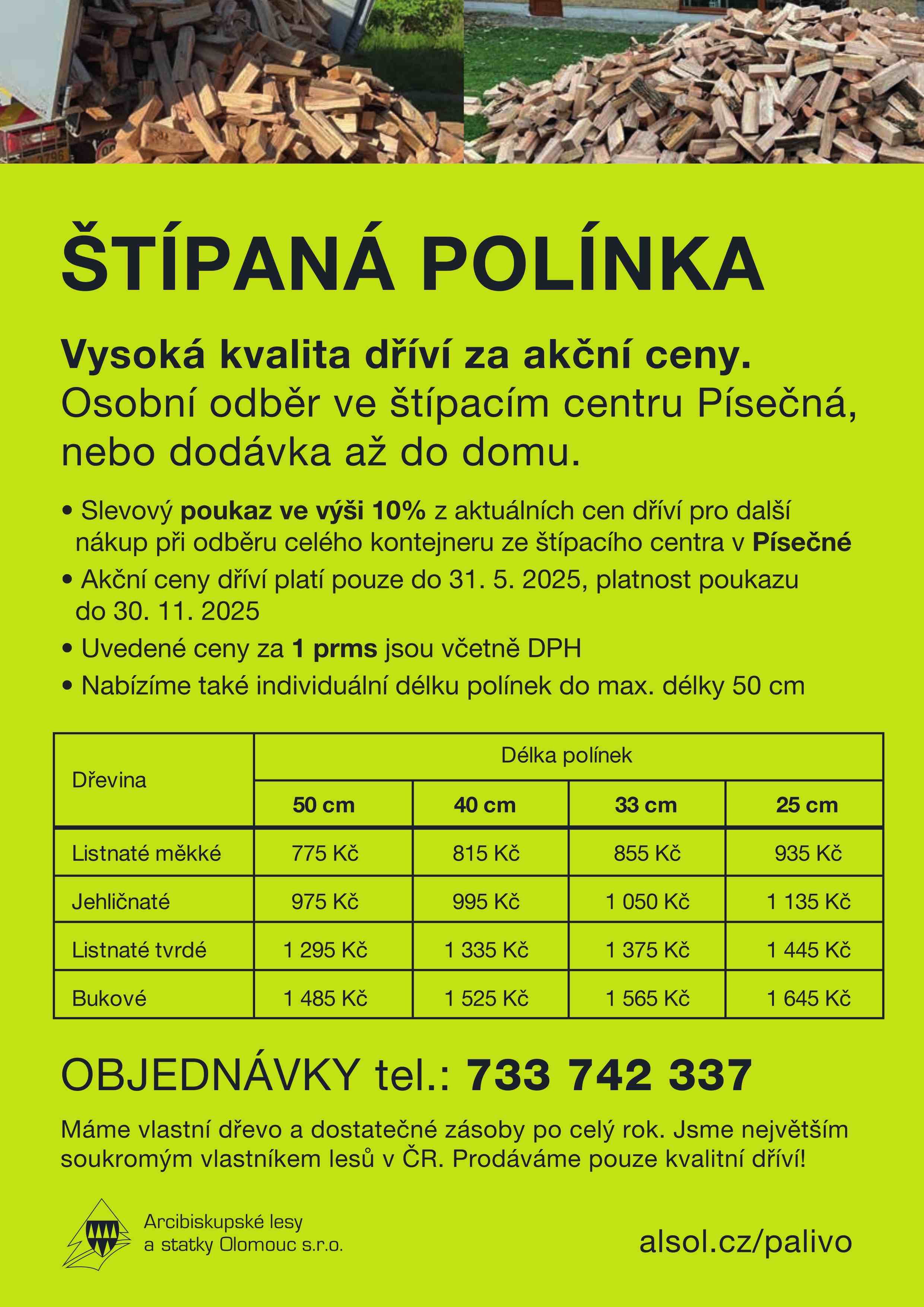 Štípané palivové dříví, prodej paliva, prodej polínek, doprava zdarma, dřevina, sleva, Arcibiskupské lesy a statky Olomouc